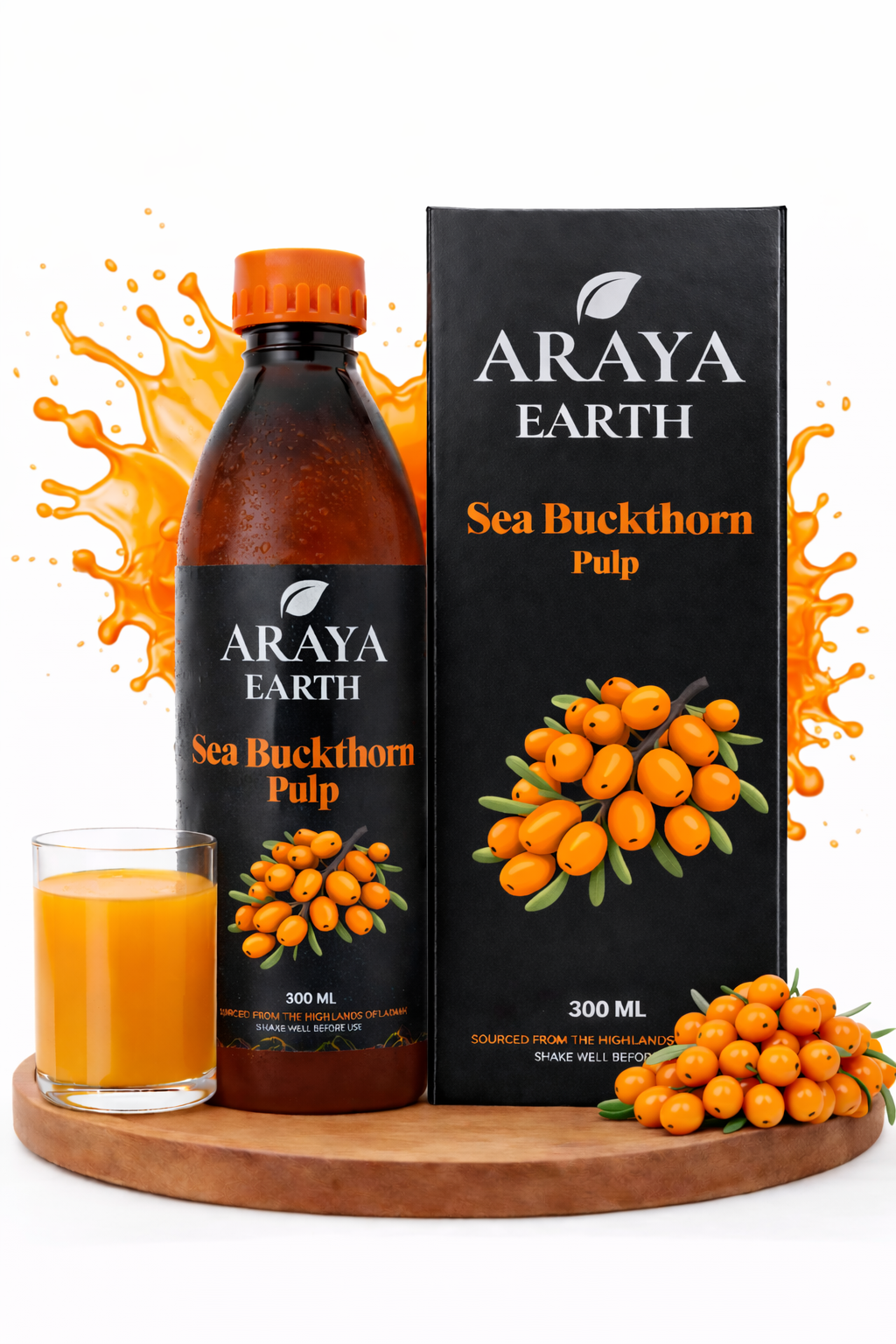 Araya Earth Sea Buckthorn Juice Concentrate – 100% Pure Himalayan Pulp | Rich in Omega 3-6-7-9 & Vitamin C | Skin Glow, Immunity & Gut Support | Cold Pressed | No Added Sugar | 300ml | Pack of 1