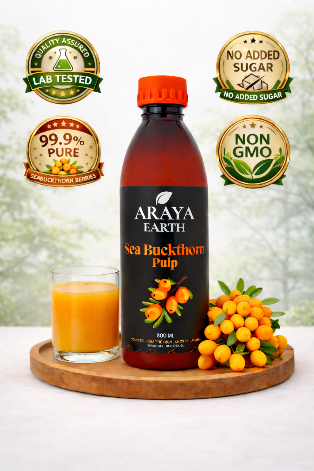 Araya Earth Sea Buckthorn Juice Concentrate – 100% Pure Himalayan Pulp | Rich in Omega 3-6-7-9 & Vitamin C | Skin Glow, Immunity & Gut Support | Cold Pressed | No Added Sugar | 300ml | Pack of 1