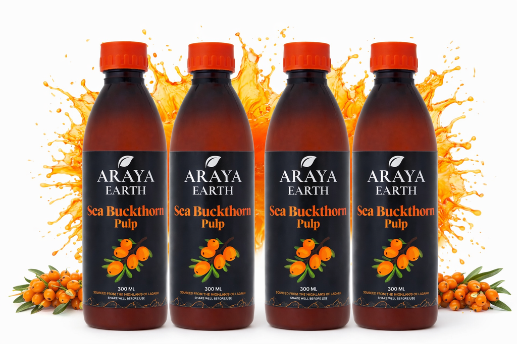 Araya Earth Sea Buckthorn Juice Concentrate – 100% Pure Himalayan Pulp | Rich in Omega 3-6-7-9 & Vitamin C | Skin Glow, Immunity & Gut Support | Cold Pressed | No Added Sugar | 1.2 Ltr | Pack of 4|