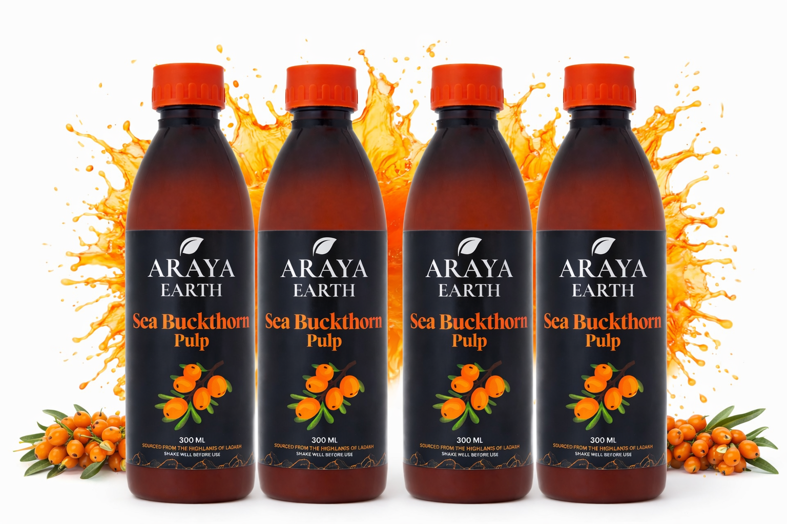 Araya Earth Sea Buckthorn Juice Concentrate – 100% Pure Himalayan Pulp | Rich in Omega 3-6-7-9 & Vitamin C | Skin Glow, Immunity & Gut Support | Cold Pressed | No Added Sugar | 1.2 Ltr | Pack of 4|