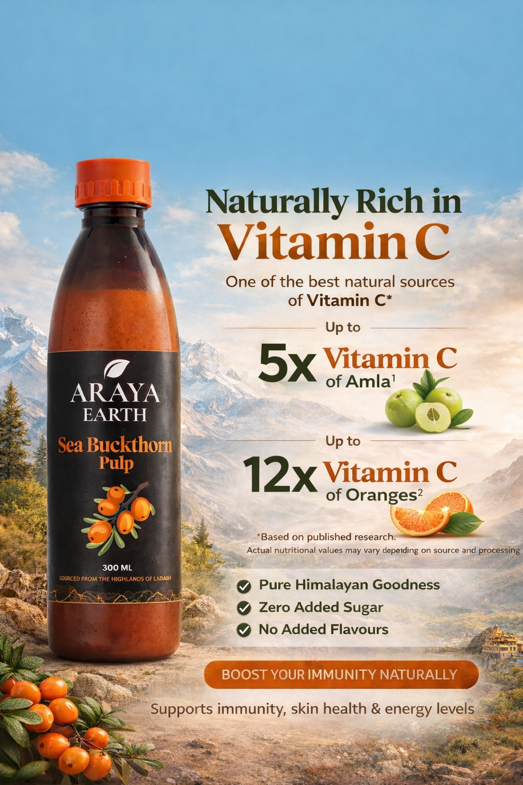 Araya Earth Sea Buckthorn Juice Concentrate – 100% Pure Himalayan Pulp | Rich in Omega 3-6-7-9 & Vitamin C | Skin Glow, Immunity & Gut Support | Cold Pressed | No Added Sugar | 300ml | Pack of 1
