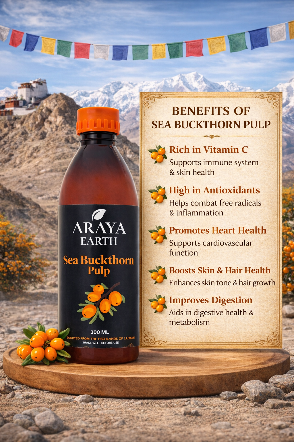 Araya Earth Sea Buckthorn Juice Concentrate – 100% Pure Himalayan Pulp | Rich in Omega 3-6-7-9 & Vitamin C | Skin Glow, Immunity & Gut Support | Cold Pressed | No Added Sugar | 300ml | Pack of 1