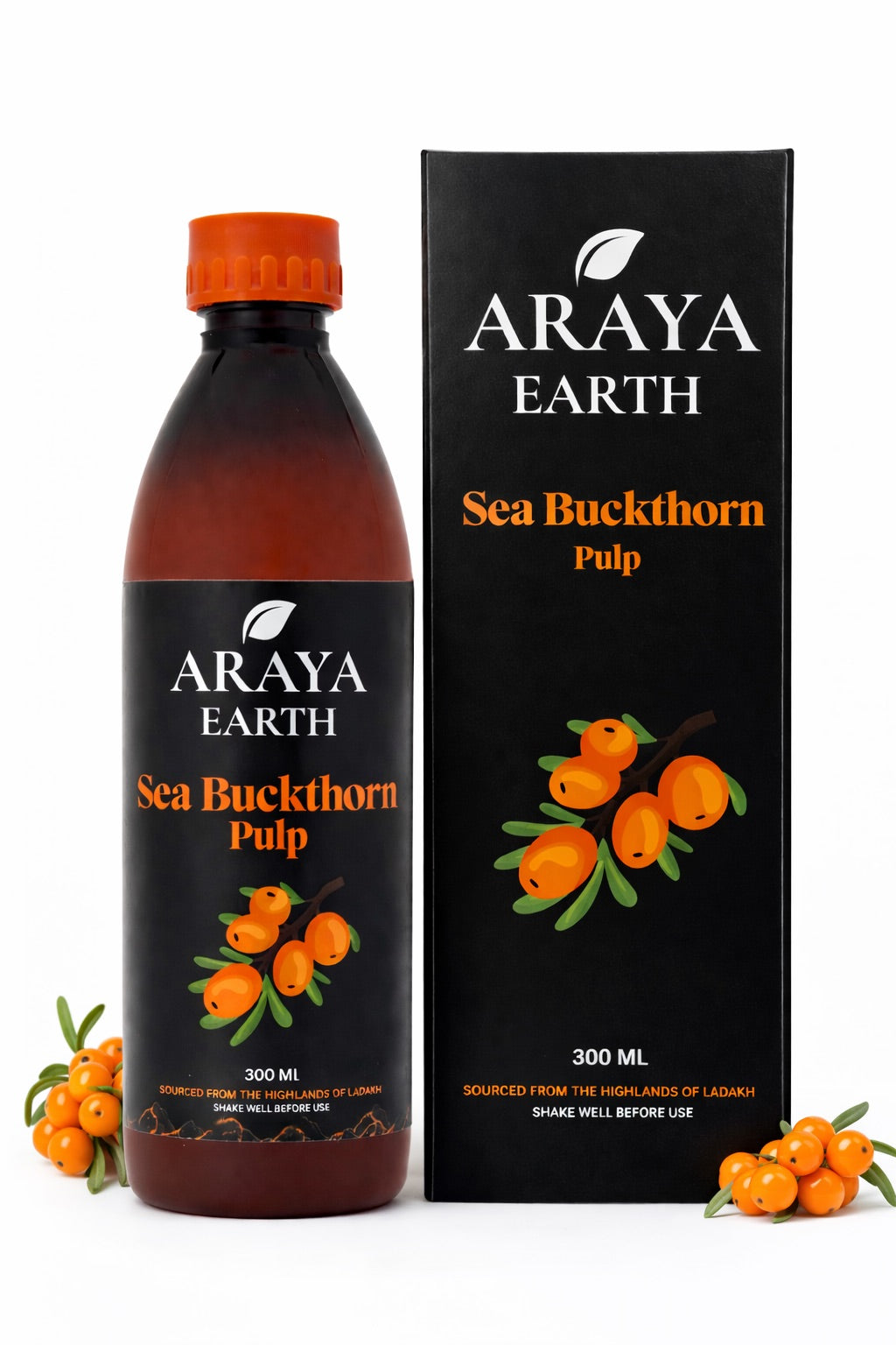 Araya Earth Sea Buckthorn Pulp in a 300ml bottle with Himalayan sea buckthorn berries.