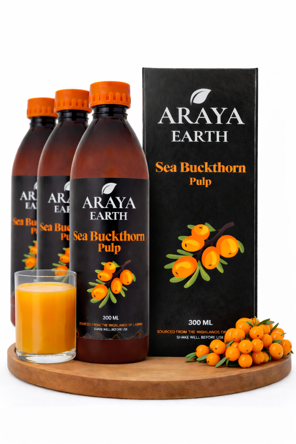 Four bottles of Araya Earth Sea Buckthorn Pulp with a glass of juice and berries.