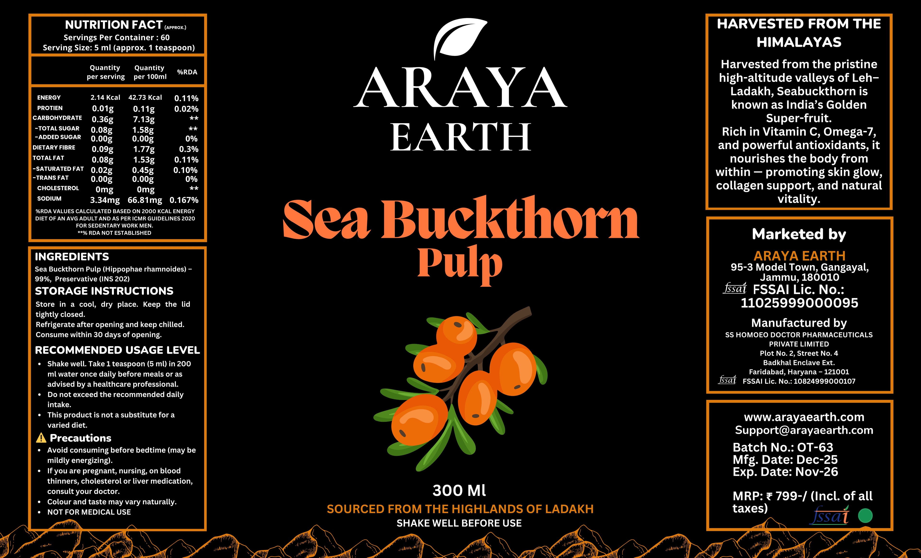 Araya Earth Himalayan Sea Buckthorn Pulp Concentrate 300ml with nutritional information.